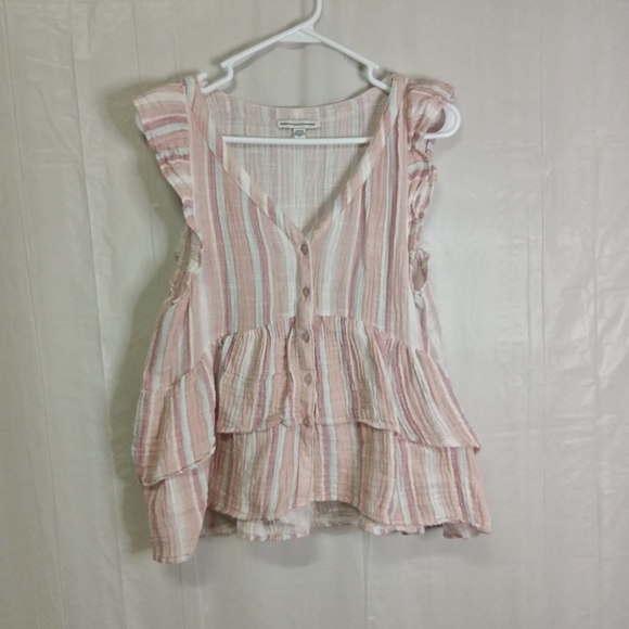 American Eagle Outfitters Peplum Top Pink White Stripes Button Up V-Neck Size S - Picture 1 of 9